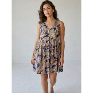 Umgee Boho Paisley Mini Dress Blue Pink Sleeveless Baby Doll V Neck Size Medium